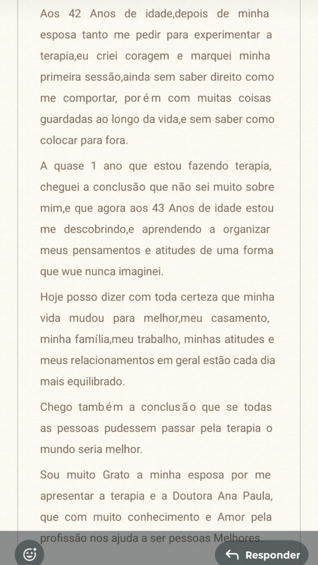 Feedback de paciente sobre processo terapêutico