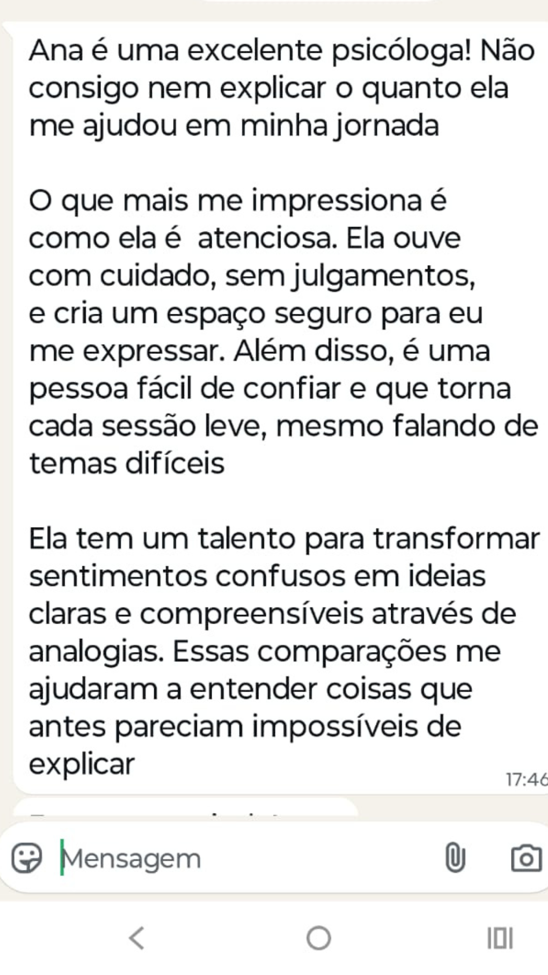 Avaliação positiva de atendimento psicológico para relacionamento